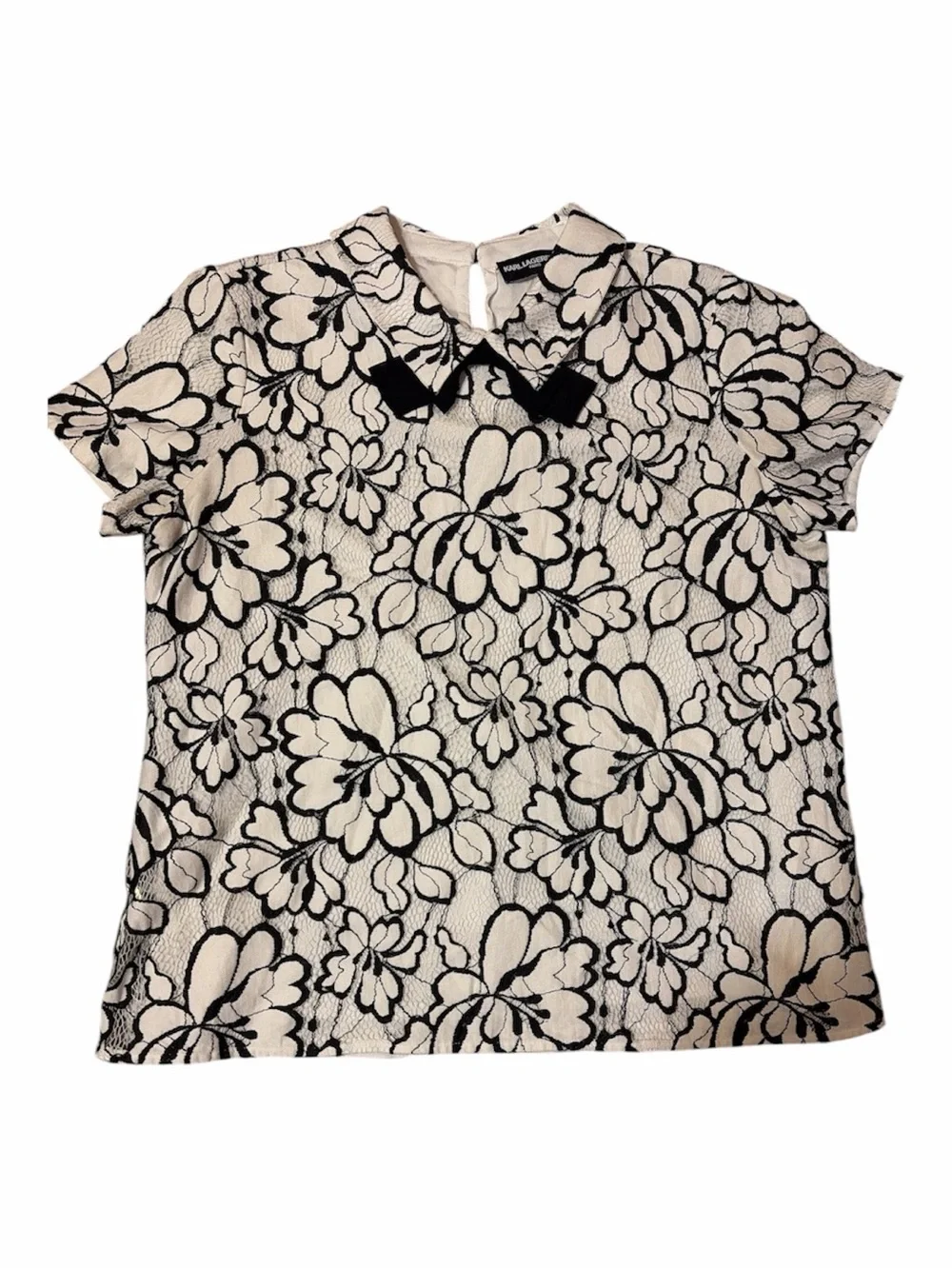 Karl Lagerfeld Paris Floral Lace Bow Collar Blouse Top White Black Size 12 - Picture 4 of 9